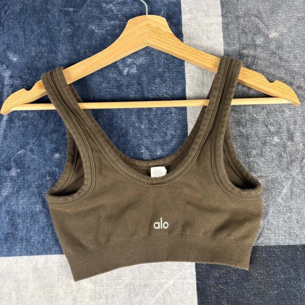 Alo Yoga Wellness Bra Espresso Brown Ribbed Seamless Scoop Neck W9371R Small